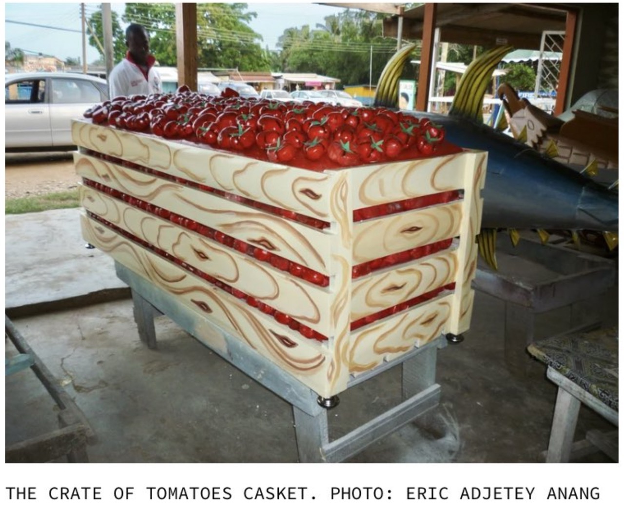 types of coffins in ghana - The Crate Of Tomatoes Casket. Photo Eric Adjetey Anang